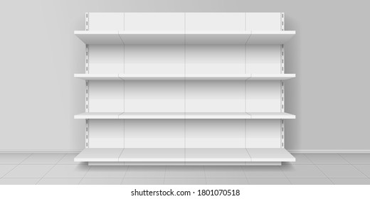 White empty store shelves. Retail shelf rack. Showcase display. Vector illustration. Realistic 3d vector illustration.
