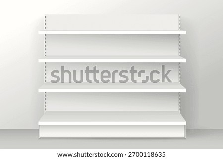White empty store shelves. Retail shelf rack. Showcase display. Vector illustration. Realistic 3d vector illustration.