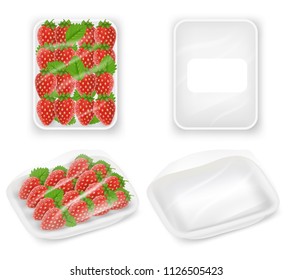 White empty and strawberry plastic food packaging tray wrapped with polyethylene film mockup set. Vector realistic illustration isolated on white background.