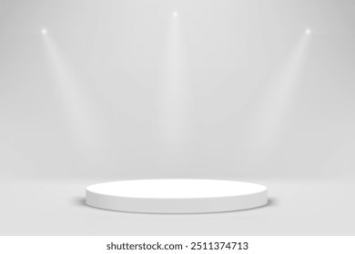 White empty studio with podium and spot lights. 3d vector template for product design