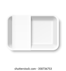 White empty styrofoam food tray with blank label, vector illustration