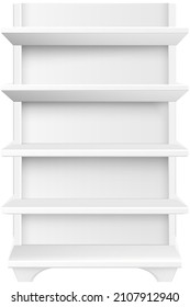 Estantes de tiendas de supermercados vacíos blancos aislados en ilustración vectorial de fondo blanco. Aparatos modernos y elegantes de madera con mobiliario de alta calidad para libros y decoraciones