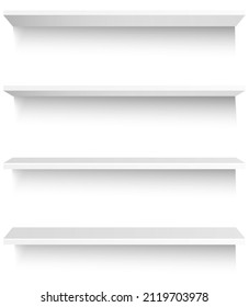 White empty supermarket retail store shelves isolated on white background vector illustration. Modern stylish wooden shelves furniture of high quality for books and decorations trade equipment