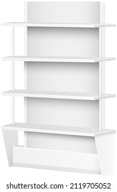 White empty supermarket retail store shelves isolated on white background vector illustration. Modern stylish wooden shelves furniture of high quality for books and decorations trade equipment