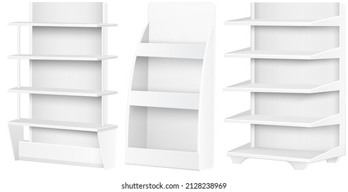 White empty supermarket retail store shelves isolated on white background vector illustration. Modern stylish wooden shelves furniture of high quality for books and decorations trade equipment