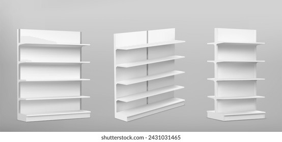 White empty supermarket shelf mockup with racks for product display. Realistic 3d vector illustration set of bookcase stand in different angles of view. Blank mock up of store promotion equipment.