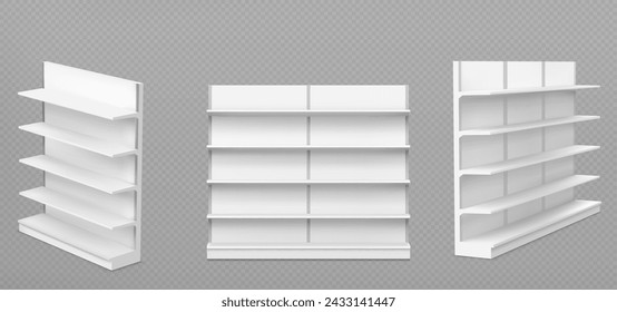 White empty supermarket shelf mockup with racks for product display. Realistic 3d vector illustration set of bookcase stand in different angles of view. Blank mock up of store promotion equipment.