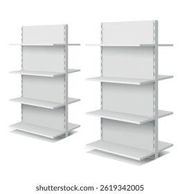 White empty supermarket shelf mockup with racks for product display. Supermarket product advertising blank. Can be use for template your design, promotion, advertising. 