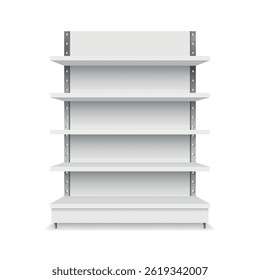 White empty supermarket shelf mockup with racks for product display. Supermarket product advertising blank. Can be use for template your design, promotion, advertising. 