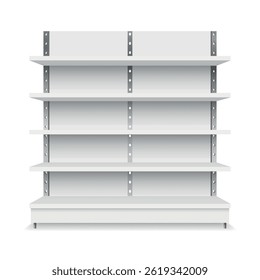Mockup branco vazio da prateleira do supermercado com racks para a exposição do produto. Publicidade de produto de supermercado em branco. Pode ser usado para o modelo seu design, promoção, publicidade. 