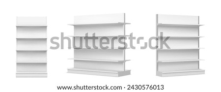 White empty supermarket shelf mockup with racks for product display. Realistic 3d vector illustration set of bookcase stand in different angles of view. Blank mock up of store promotion equipment.