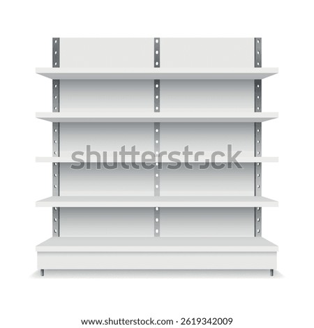 White empty supermarket shelf mockup with racks for product display. Supermarket product advertising blank. Can be use for template your design, promotion, advertising. 