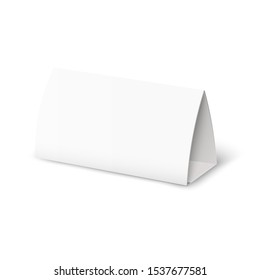 White empty tent card made of paper for the table. Triangle folded paper, empty stand for menu and calendar. Isolated white realistic vector illustration of tent card.