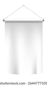 White empty textile banner hanging on a wall, supported by metal fixtures and string, perfect for creating mockups and presentations in various marketing and advertising contexts