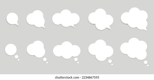 White empty think thought speech bubbles in various shapes. Graphic design.
