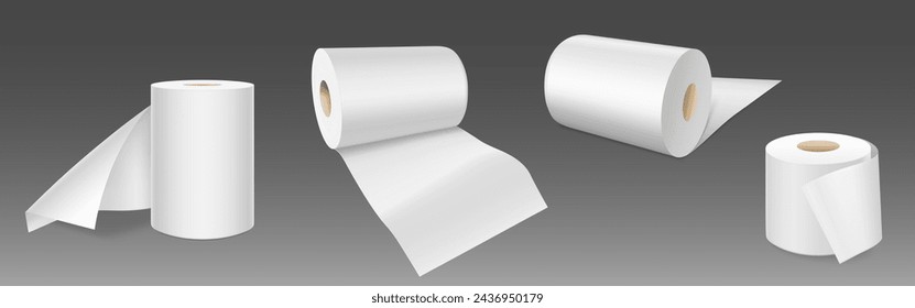 Weiße leere Toilettenpapierrollen stehen und liegen. Realistischer Vektor-Illustrations-Satz der Vorlage für WC- oder Küchentuchband auf Tube für Hygiene und Pflege. Leere Soft-Scroll-Loo-Badezimmer-Produkt-Mockup.