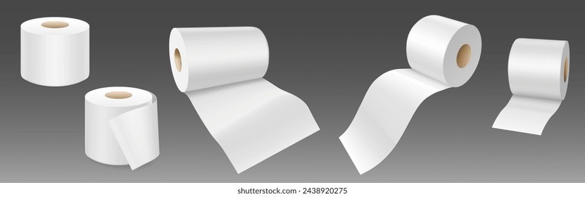 White empty toilet paper rolls stand and lay. Realistic vector illustration set of template for wc or kitchen towel tape on tube for hygiene and care. Blank soft scroll loo bathroom product mockup.