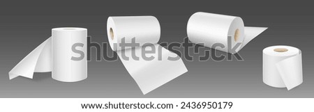 White empty toilet paper rolls stand and lay. Realistic vector illustration set of template for wc or kitchen towel tape on tube for hygiene and care. Blank soft scroll loo bathroom product mockup.