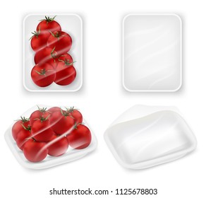 White empty and tomatoes plastic food packaging tray wrapped with polyethylene film mockup set. Vector realistic illustration isolated on white background.