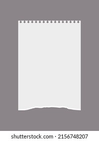 White empty torn out notebook piece, realism, vector illustration isolated on gray background. Lacerated bottom edge, top spring slots, blank paper sheet