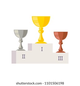 White empty winner podium template with place numbers on it and rewards. Golden, silver and bronze championship rewards. Flat style vector illustration.