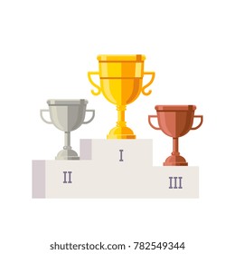 White empty winner podium template with place numbers on it and rewards. Golden, silver and bronze championship rewards. Flat style vector illustration.