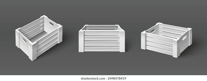 White empty wooden crate box for fruit and vegetable storage. Realistic 3d vector set of three angle of view on blank container mockup with wood texture. Farm and shop warehouse timber basket case.