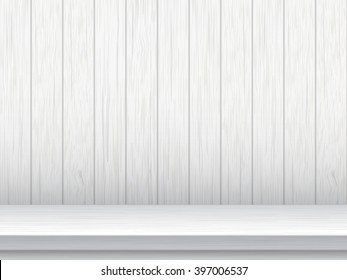 White empty wooden table on wall of vintage wooden planks background. Vector background.