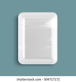 White empty wrapped plastic food tray container. Blank polystyrene packaging isolated. Vector mockup