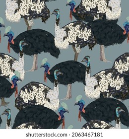 White emu ostrich and black cassowary bird on dark blue, grey background. Seamless vector pattern. Abstract surface design for fabric, wallpaper, wrapping paper, invitation card, scrapbooking.