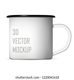 White Enamel Metal Camp Mug For Coffee Or Tea. Tin Illustration For Camping, Nature. 3d Vector Mockup Design For Your Logo.