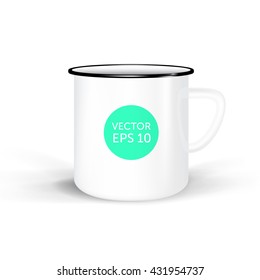 white enamel mug isolated on white background. vector mug mockup. photorealistic white cup