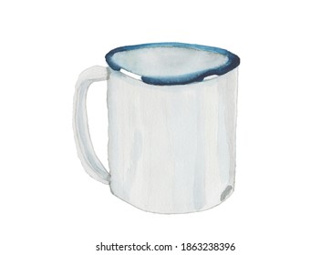 White enamel retro mug watercolor,watercolour vector with white background