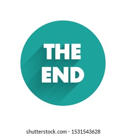 White The End handwritten inscription icon isolated with long shadow. Closing movie frame. Movie ending screen. Green circle button. Vector Illustration