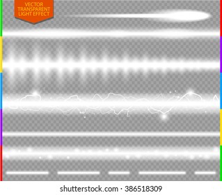 White Energy line element Light Effect Set isolated on transparent background. Comet or meteor, laser ray, electric power flow and loading bar. Vector lightning flare, pulsation download stream.