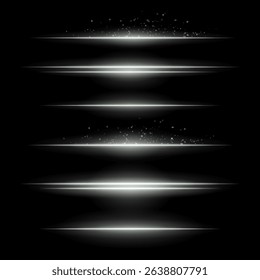 White energy lines. Glowing horizontal streaks with particle sparks above and below lines. Dark background adds contrast. Suitable for sci-fi, fire, energy, tech visuals.