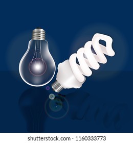 White energy saving lamp and simple light bulb isolated on the blue background.