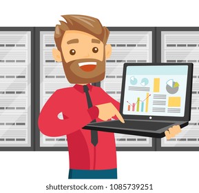 White it engineer in server room with a computer in hands and servers on the background. Concept of data storage system and big data. Vector cartoon illustration isolated on white background.