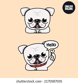 White English Bulldog puppy dog with a smile and hello action. 2D cute cartoon character design in flat style.