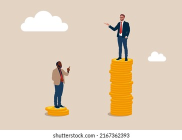 White Entrepreneur Standing On High Salary Coins Tower With Poor Man On Low Coins Stack. Economic Inequality, Rich And Poor Gap, Unfairness Income, Different Money People Being Paid.