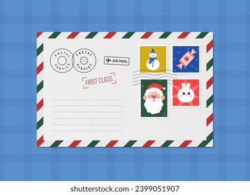 White envelop with a Christmas, New Year and Holiday cute postage stamps. Funny vector greeting card.