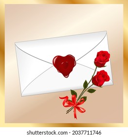 White envelop love seal and two red roses. Vector illustration