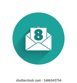 White Envelope with 8 March icon isolated with long shadow. Message love. Letter love and romance. International Happy Women Day. Green circle button. Vector Illustration
