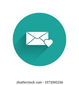 White Envelope with 8 March icon isolated with long shadow. Message love. Letter love and romance. International Happy Women Day. Green circle button. Vector Illustration