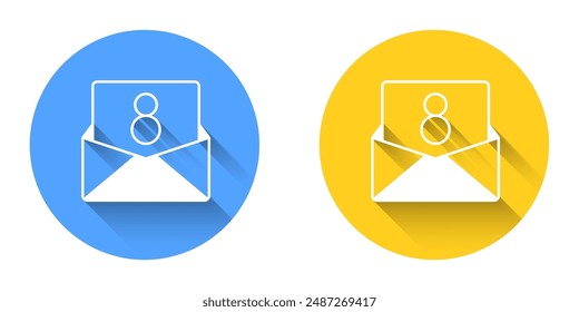 White Envelope with 8 March icon isolated with long shadow background. Message love. Letter love and romance. International Happy Women Day. Circle button. Vector
