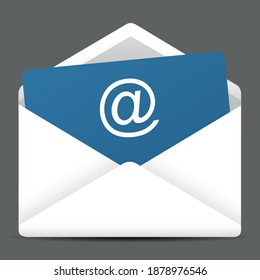 white envelope with blue paper and at sign