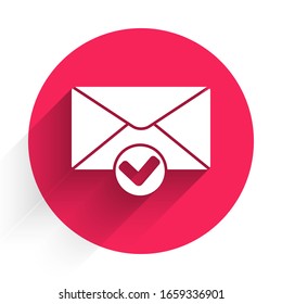 White Envelope and check mark icon isolated with long shadow. Successful e-mail delivery, email delivery confirmation. Red circle button. Vector Illustration