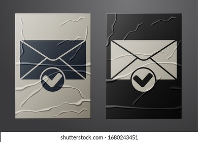 White Envelope and check mark icon isolated on crumpled paper background. Successful e-mail delivery, email delivery confirmation. Paper art style. Vector Illustration