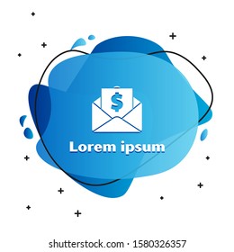 White Envelope with coin dollar symbol icon isolated on white background. Salary increase, money payroll, compensation income. Abstract banner with liquid shapes. Vector Illustration