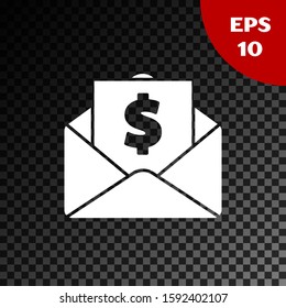 White Envelope with coin dollar symbol icon isolated on transparent dark background. Salary increase, money payroll, compensation income.  Vector Illustration